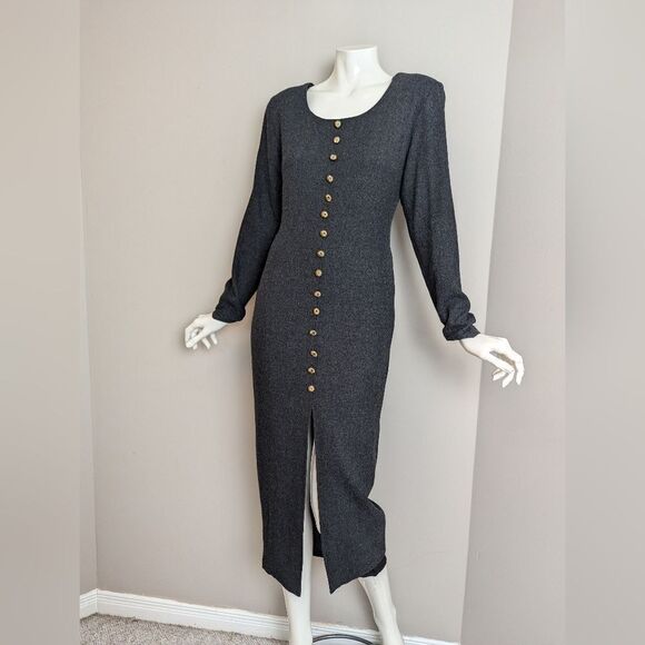 Vintage Wool Blend Midi Dress Gray Long Sleeve Button Front Small Shoulder Pads - Picture 1 of 1